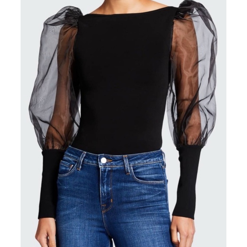 Alice + Olivia / Black Abella Sheer Puff-Sleeve Top